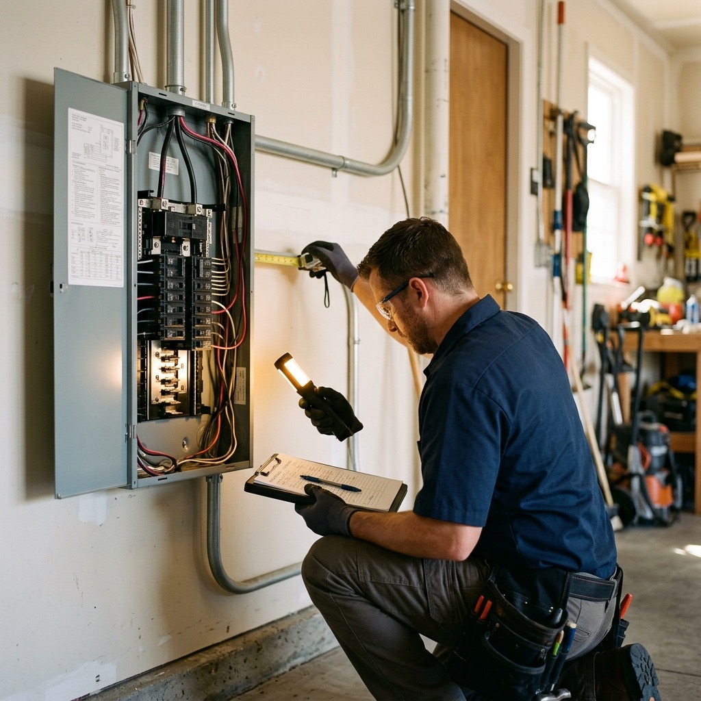EVITP-certified electrician performing a load calculation at a residential electrical panel