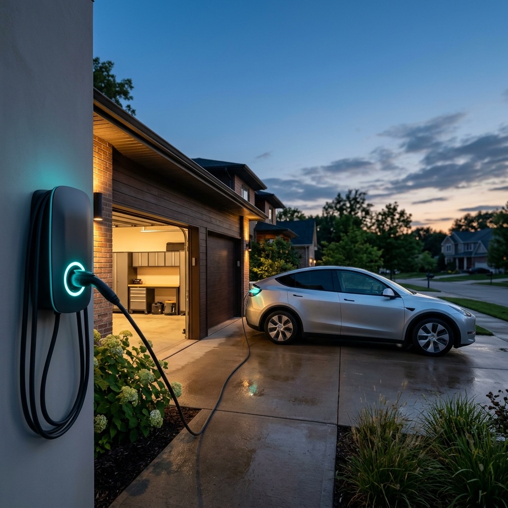 Wall-mounted EV charger installed in a modern home garage